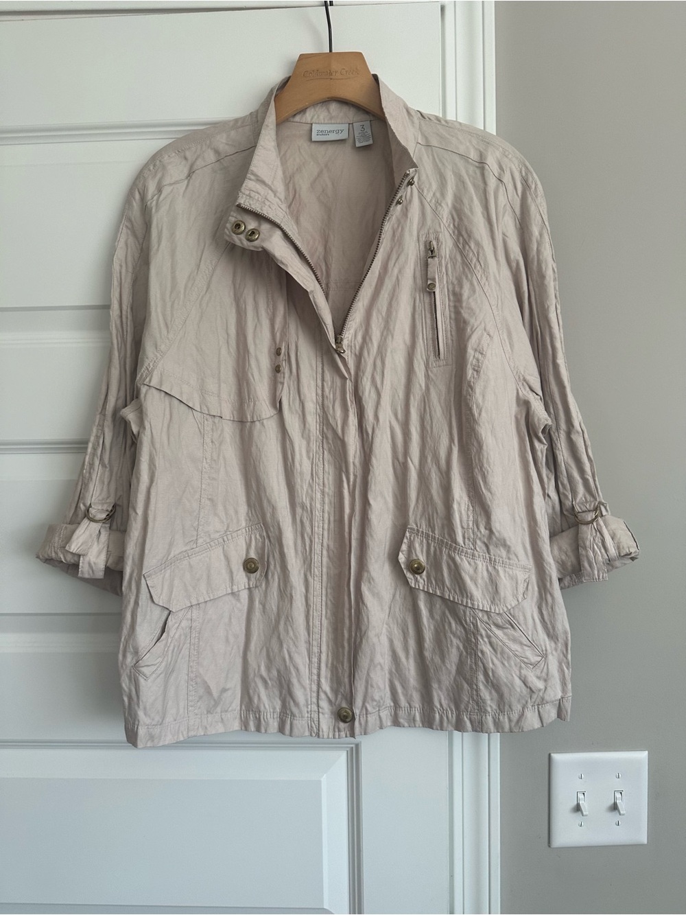 Beige Gold Accent Roll Sleeve Crinkle Utility Jacket Size Chicos Size 3